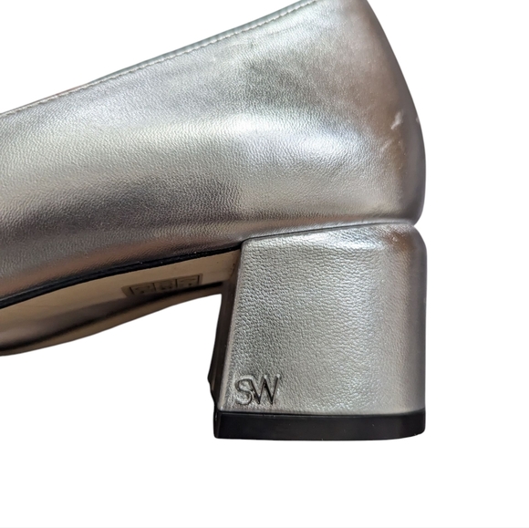Stuart Weitzman Silver Cap Toe Mary Jane Block Heel Pumps Size 12M Chanel Style - Picture 11 of 12